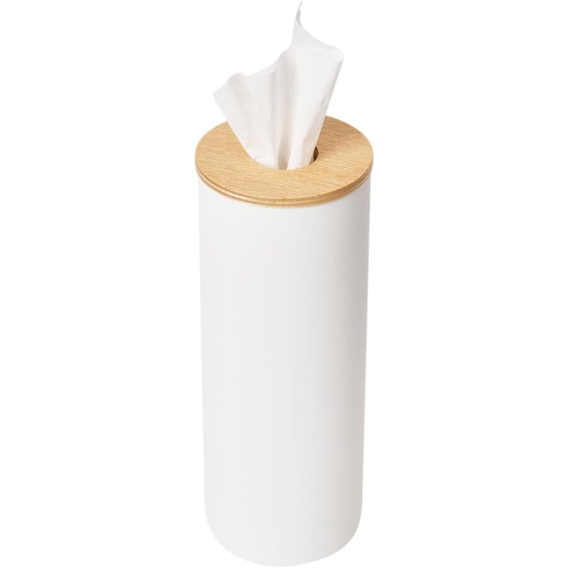 Home Rin Reusable Round Tissue Holder Case - Heavy-Duty Steel Construction with Elegant White & Natural Wood Lid, Modern Bathroom/Office/Kitchen Tissue Dispenser, Space-Saving Cylindrical Design, Durable Metal Tissue Organizer for Home or Commercial Use,