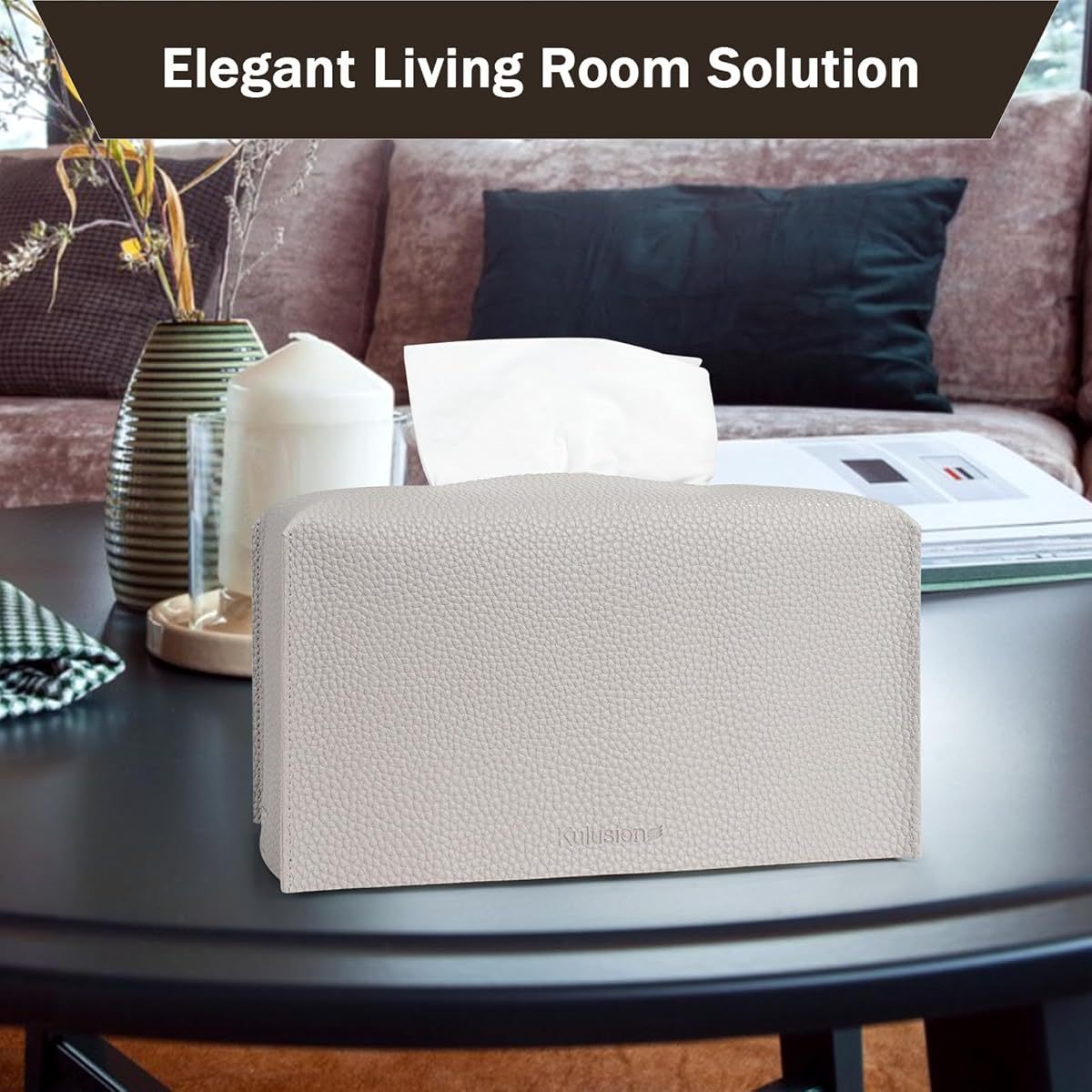 2pcs Recycled Wood Tissue Box Cover Holders with PU Leather Finish, Textured Embossed Design & Bottom Belt - Decorative Organizer for Bathroom, Car, Office, Tabletop - 9.5x5x5 Inch, Light Gray, Bathroom Organizers And Storage, Home Organization, Modern