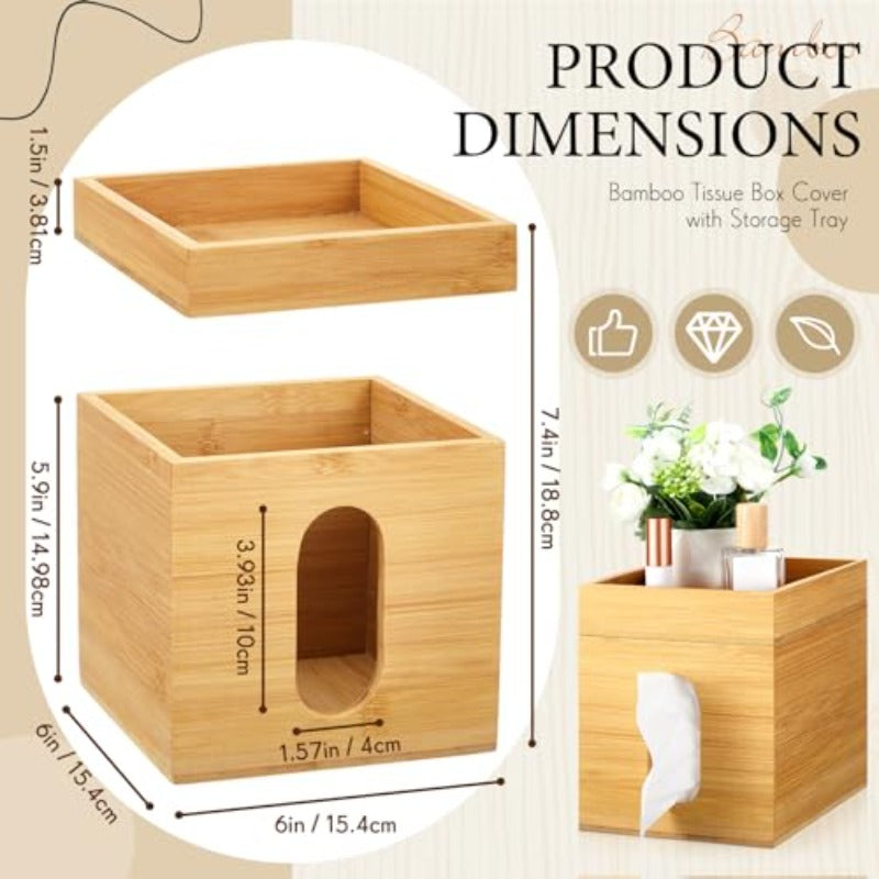 Natural Bamboo Tissue Box Cover with Removable Storage Tray - Decorative Cube Organizer with Vertical Slats Design, Fits Standard 6x6 Tissues, Rustic Modern Holder for Bathroom, Bedroom, Office - Space-Saving Storage (7.4”H)