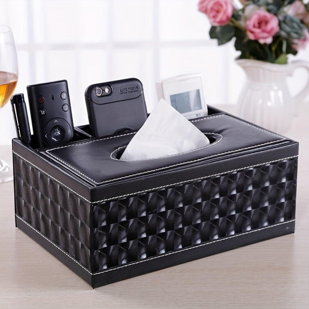1pc Multi-Functional Artificial Leather Tissue Box Holder with 4 Compartments – Black Rectangular Storage Organizer for Living Room, Bedroom, Desk, and Hotel Use, Tissue Holder for Living Room, Hotel Room Essentials, Textured Surface, Durable Plastic