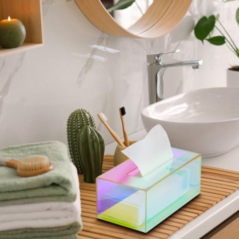 2pcs Iridescent Tissue Box Dispenser - Clear Modern Cube Organizer with Iridescent Rainbow Colors (Pink/Purple/Blue/Purple/Orange/Pink), Large Capacity Tissue Holder for Bathroom, Living Room, Office, Vanity - Space-Saving Countertop Organizer, Decorative