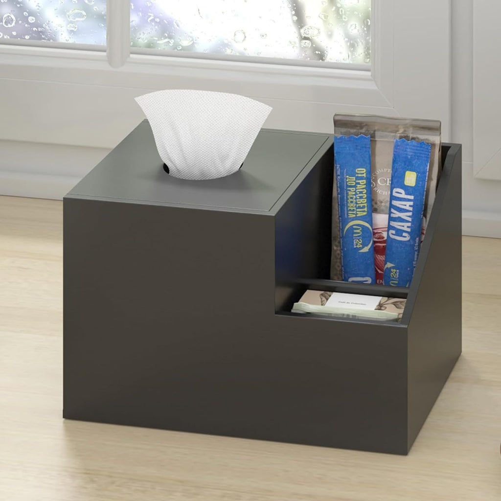Tissue Box Cover Holder- Bamboo Square Multifunction Nightstand Organizer Tissue Storage Box for Bedroom, Bathroom, Office; Compartments Hold iPad Phones Remote Controls ( Black)