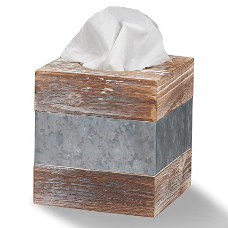 Rustic Metal & Distressed Wood Square Tissue Box Cover - Farmhouse Bathroom Decor with Antique White & Brown Finish, 6x6x6 Inch Decorative Holder for Tissues, Country Home Décor, Sturdy Metal Frame & Wood Panel Design, Space-Saving Tissue Dispenser for