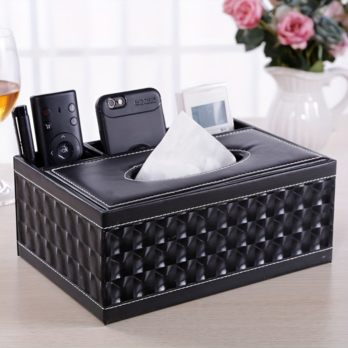 1pc Multi-Functional Artificial Leather Tissue Box Holder with 4 Compartments – Black Rectangular Storage Organizer for Living Room, Bedroom, Desk, and Hotel Use, Tissue Holder for Living Room, Hotel Room Essentials, Textured Surface, Durable Plastic