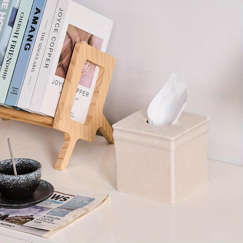 Beige Sand Stone Tissue Box Cover - Retro Square Design, Durable & Stylish for Bathroom, Bedroom, Nightstand, Vanity, Desk, or Office Decor, Bathroom Decor And Accessories, Bedroom Accessory, Minimalist Design, Textured Surface