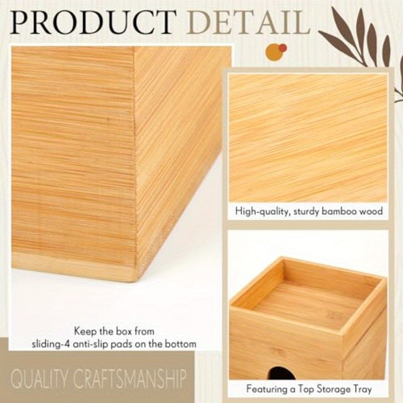 Natural Bamboo Tissue Box Cover with Removable Storage Tray - Decorative Cube Organizer with Vertical Slats Design, Fits Standard 6x6 Tissues, Rustic Modern Holder for Bathroom, Bedroom, Office - Space-Saving Storage (7.4”H)
